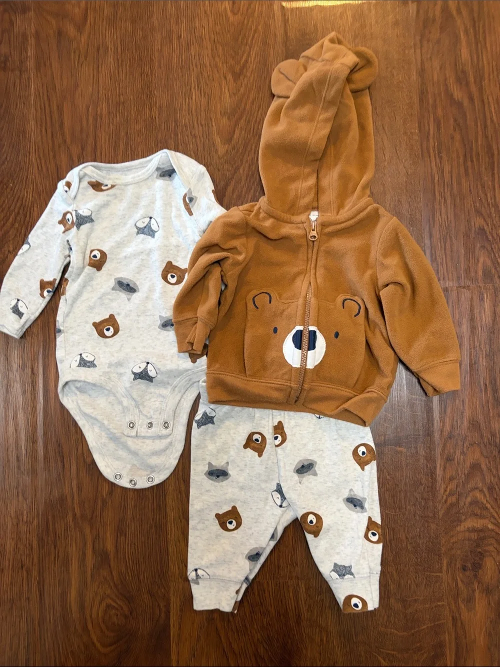 Carter's Brown Bear Hoodie One-Piece Set with Gray Animal Print